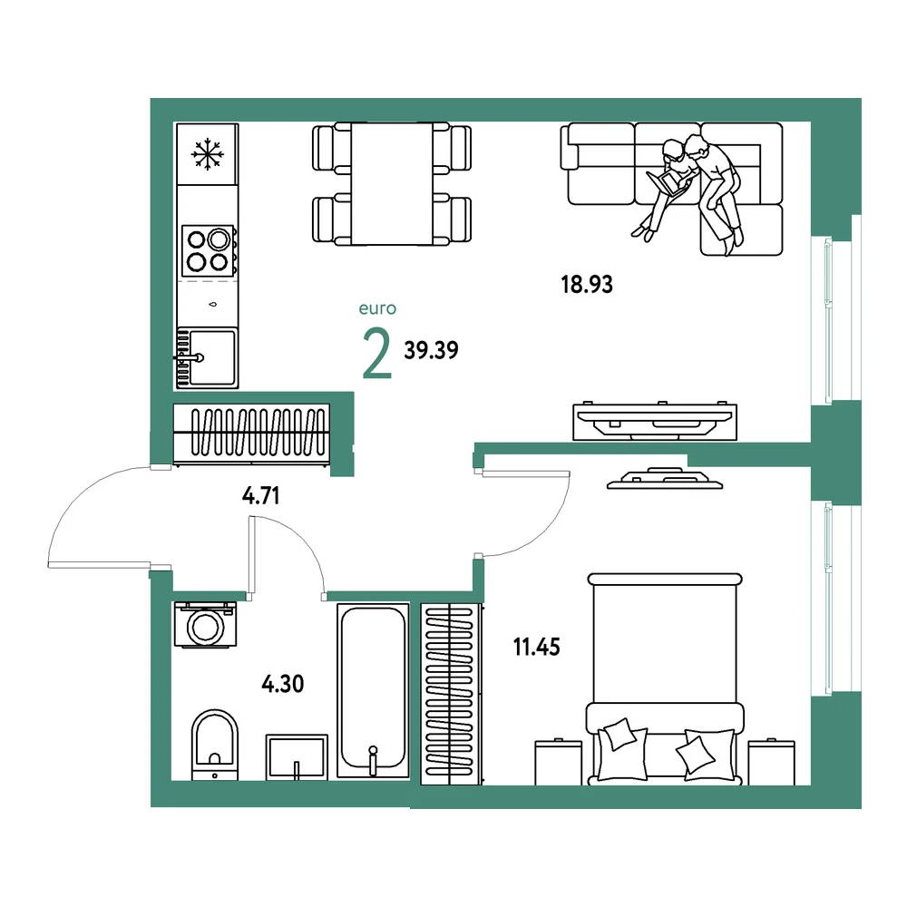 Планировка: Европейский берег 2.0 2-комнатная 39,39м²