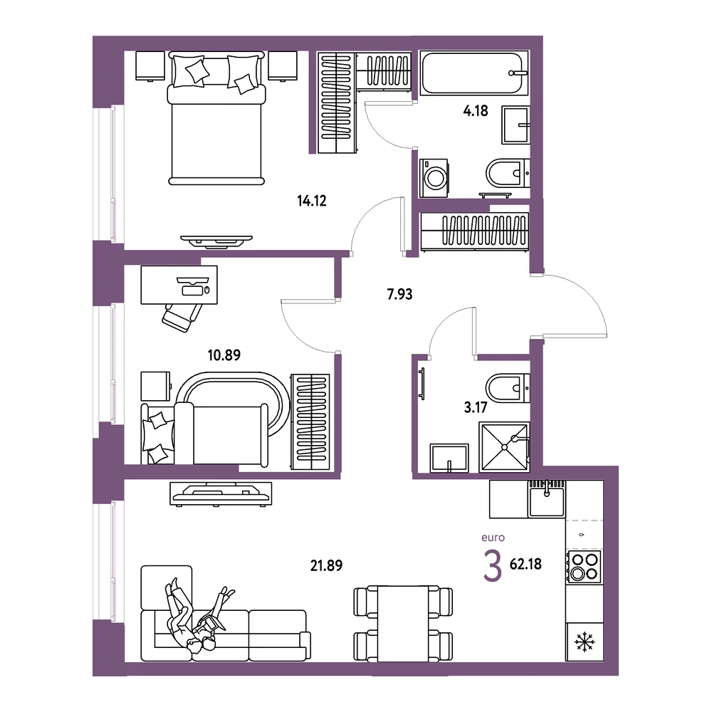 Планировка: Европейский берег 2.0 3-комнатная 62,18м²