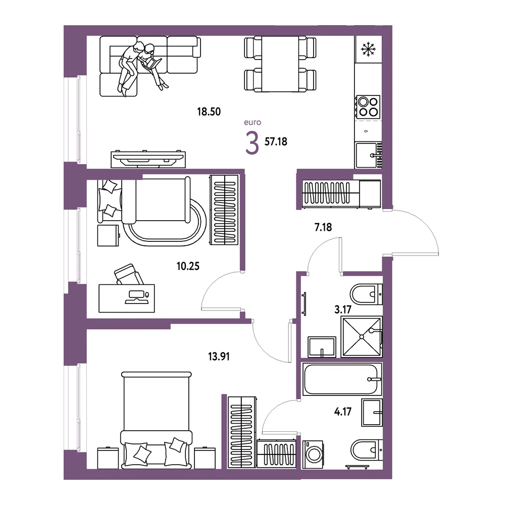Планировка: Европейский берег 2.0 3-комнатная 57,18м²