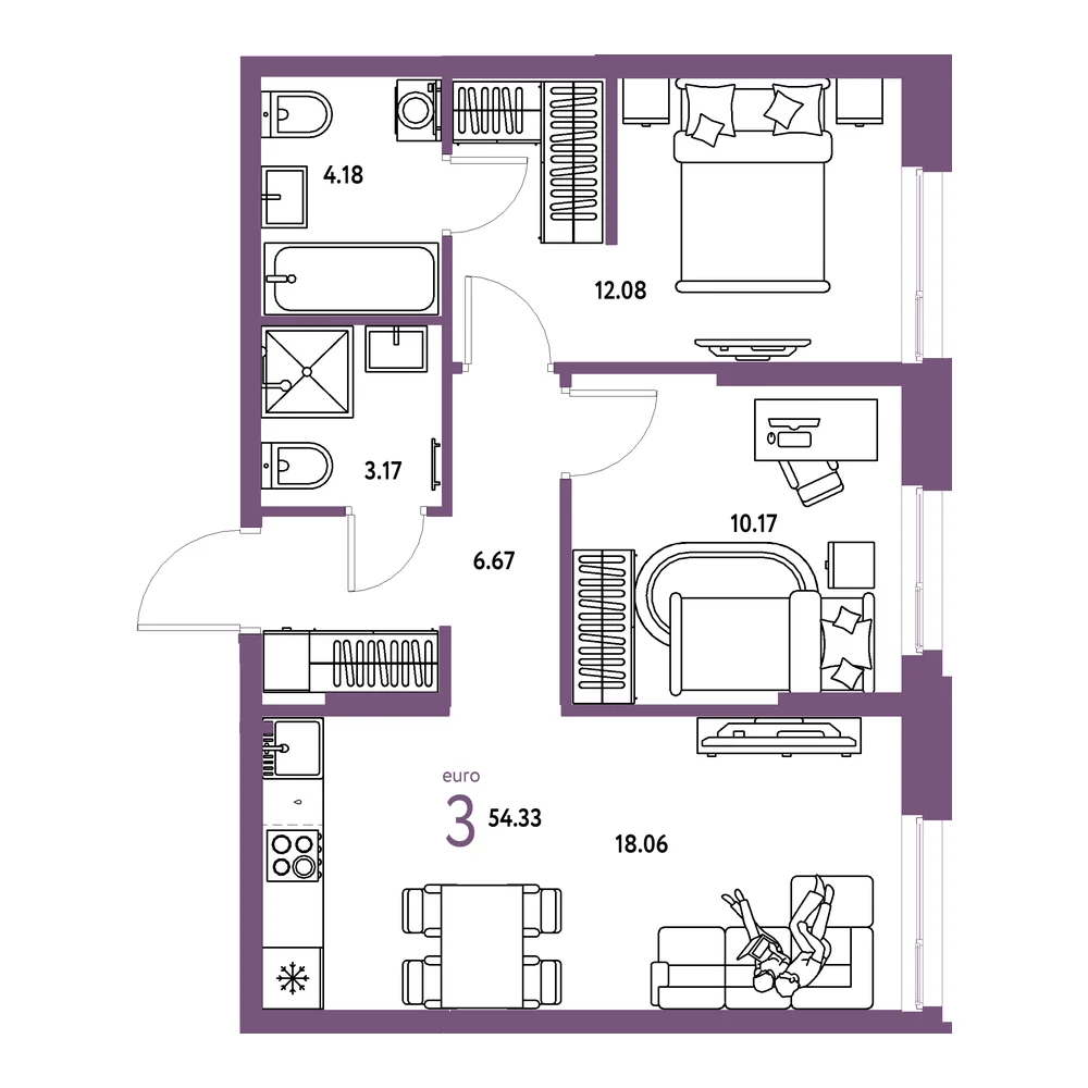 Планировка: Европейский берег 2.0 3-комнатная 54,33м²