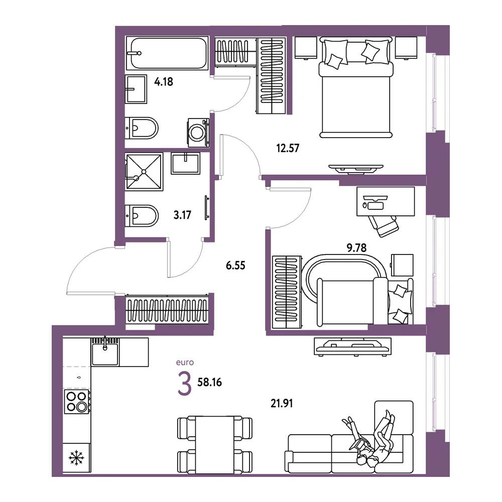 Планировка: Европейский берег 2.0 3-комнатная 58,16м²