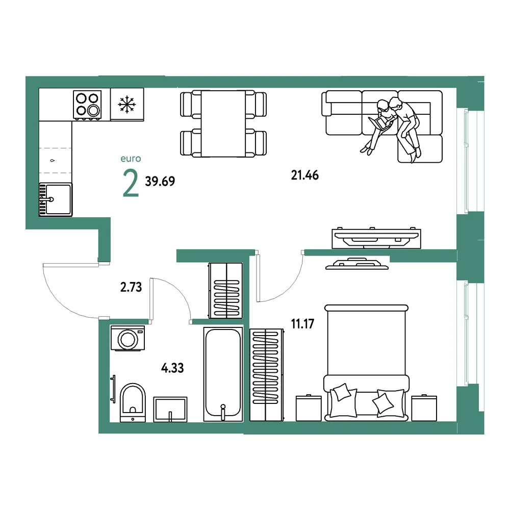 Планировка: Европейский берег 2.0 2-комнатная 39,69м²