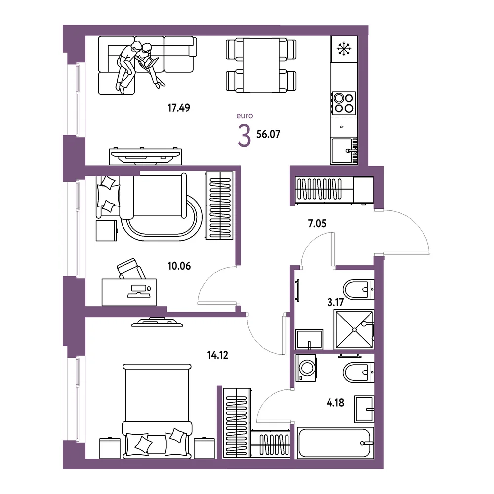 Планировка: Европейский берег 2.0 3-комнатная 56,07м²