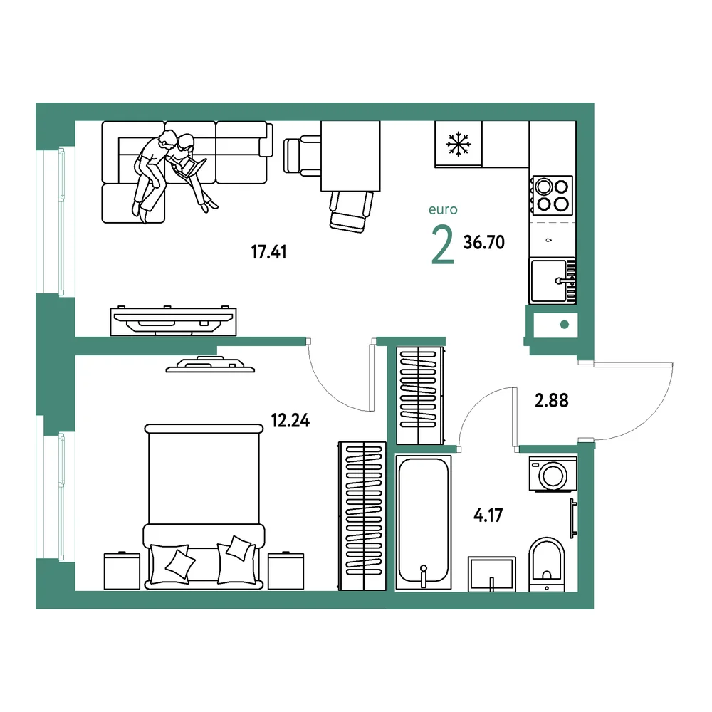 Планировка: Европейский берег 2.0 2-комнатная 36,70м²