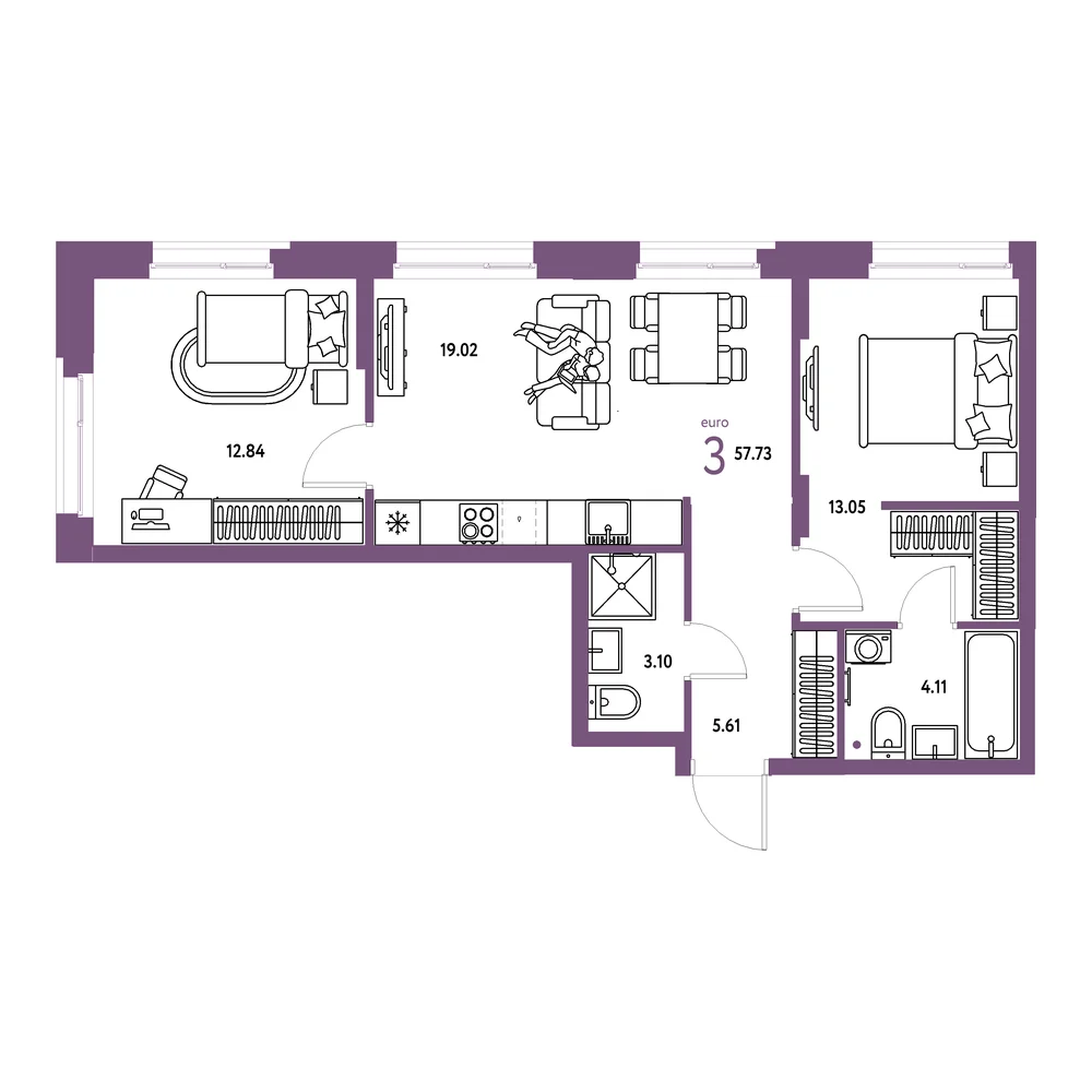 Планировка: Европейский берег 2.0 3-комнатная 57,73м²