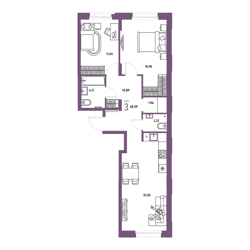 Планировка: Европейский берег 2.0 3-комнатная 68,39м²