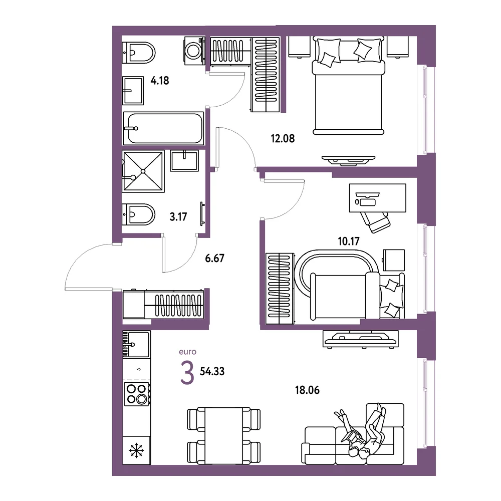 Планировка: Европейский берег 2.0 3-комнатная 54,33м²