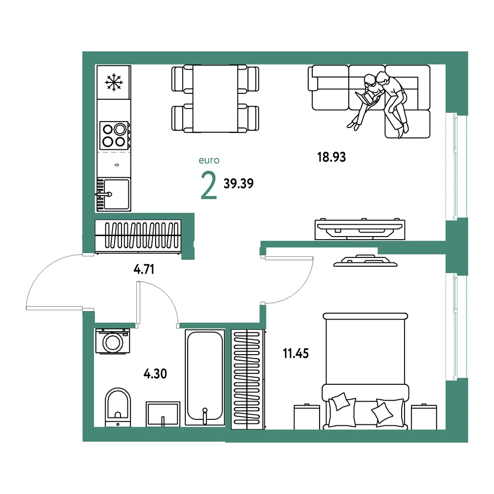 Планировка: Европейский берег 2.0 2-комнатная 39,39м²