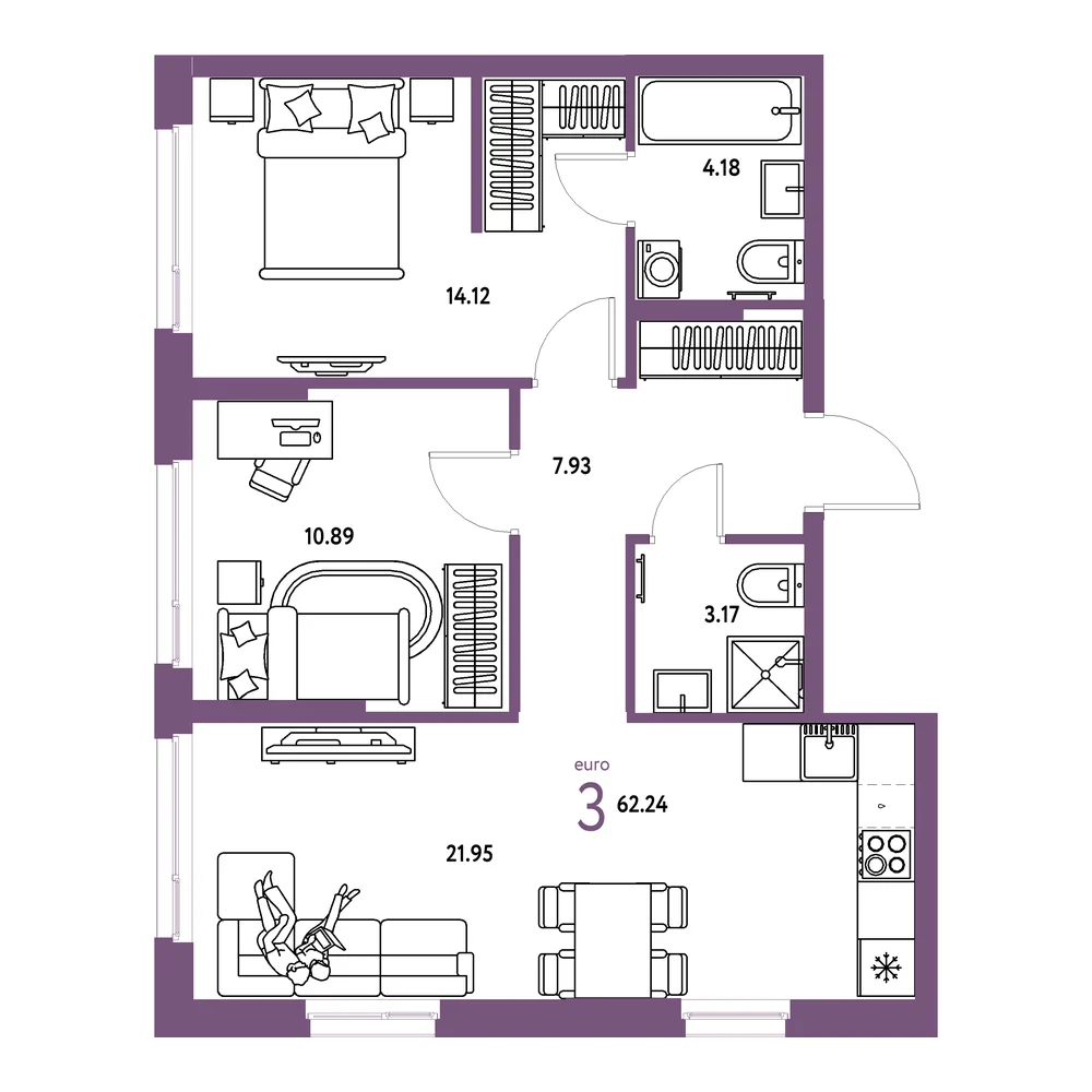 Планировка: Европейский берег 2.0 3-комнатная 62,24м²