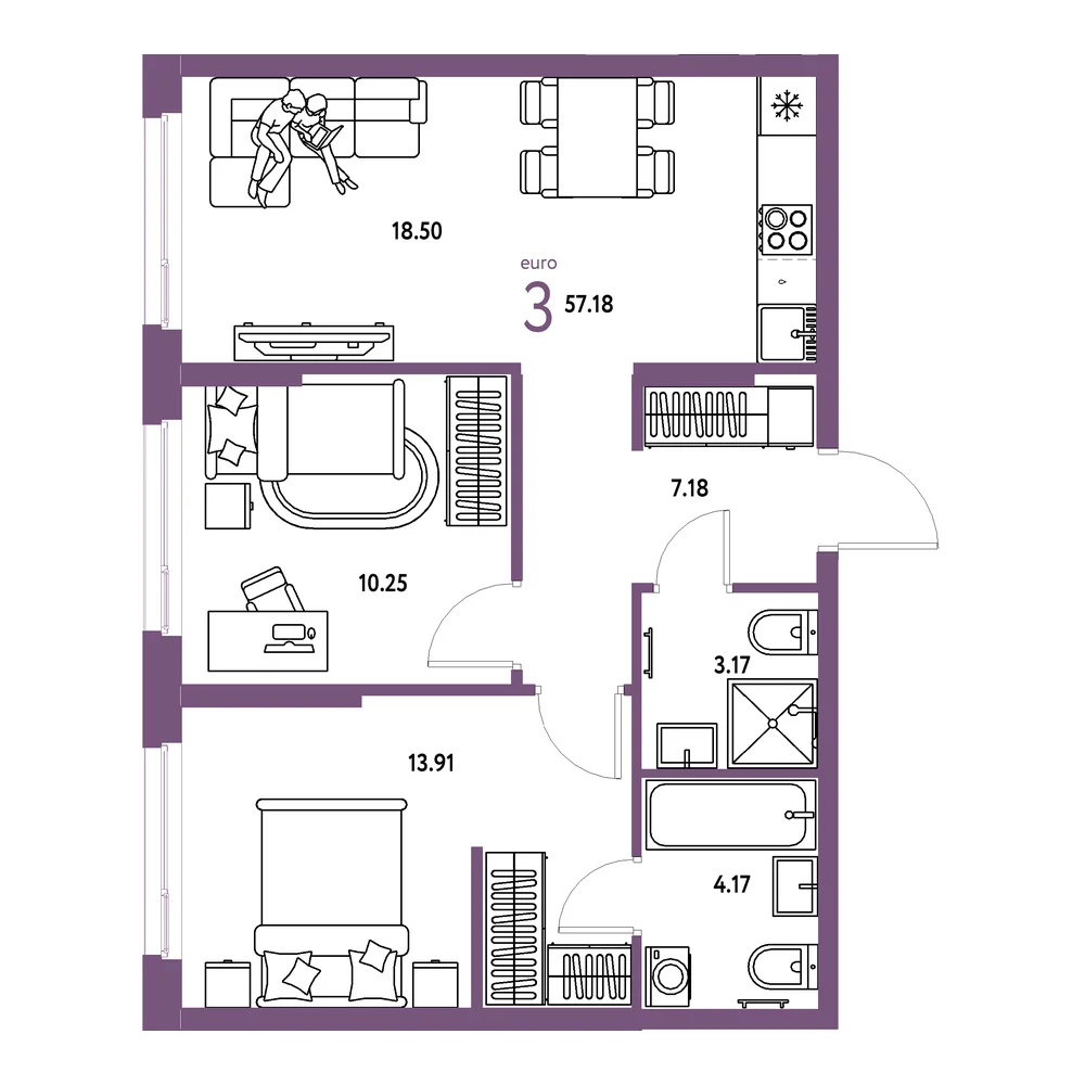 Планировка: Европейский берег 2.0 3-комнатная 57,18м²