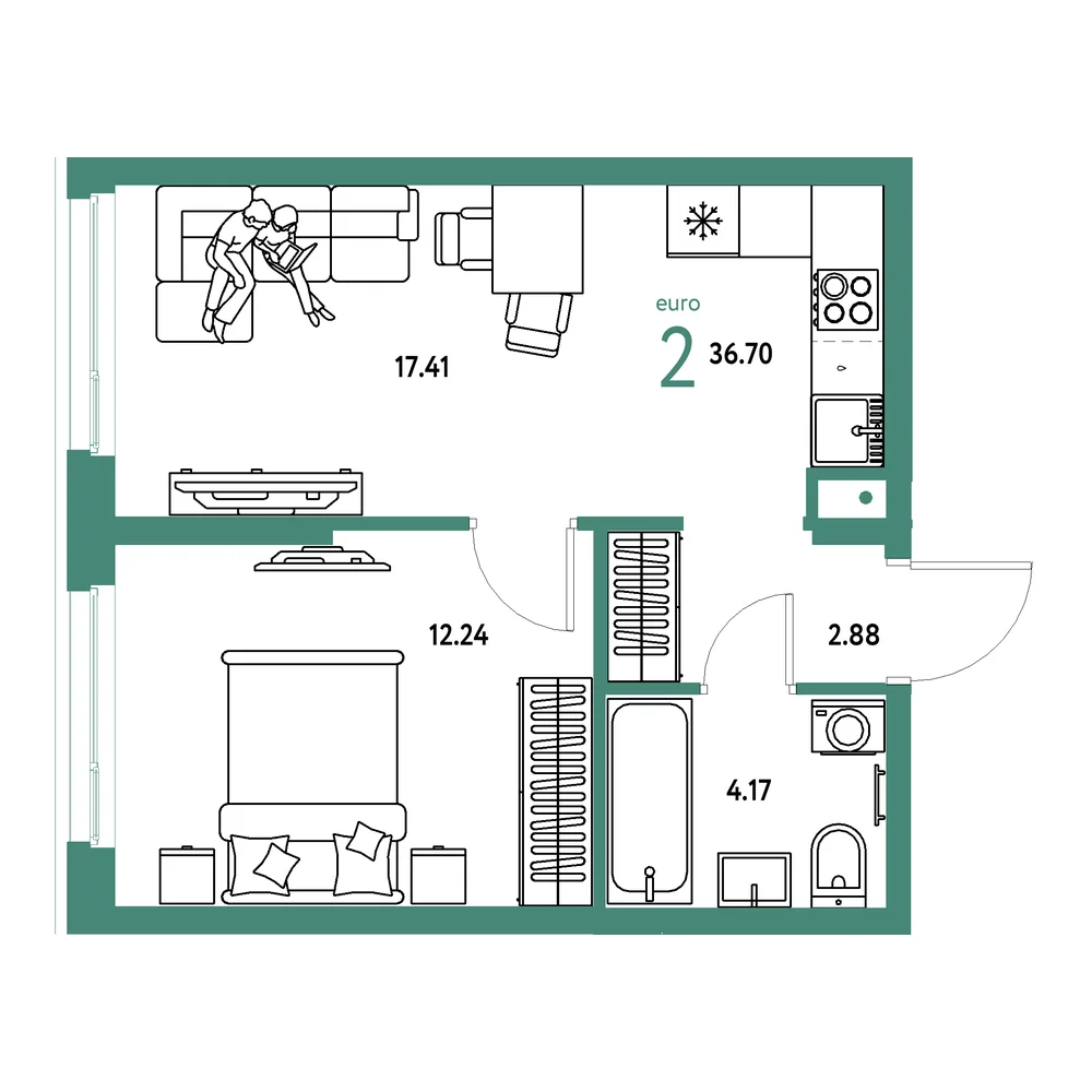 Планировка: Европейский берег 2.0 2-комнатная 36,70м²