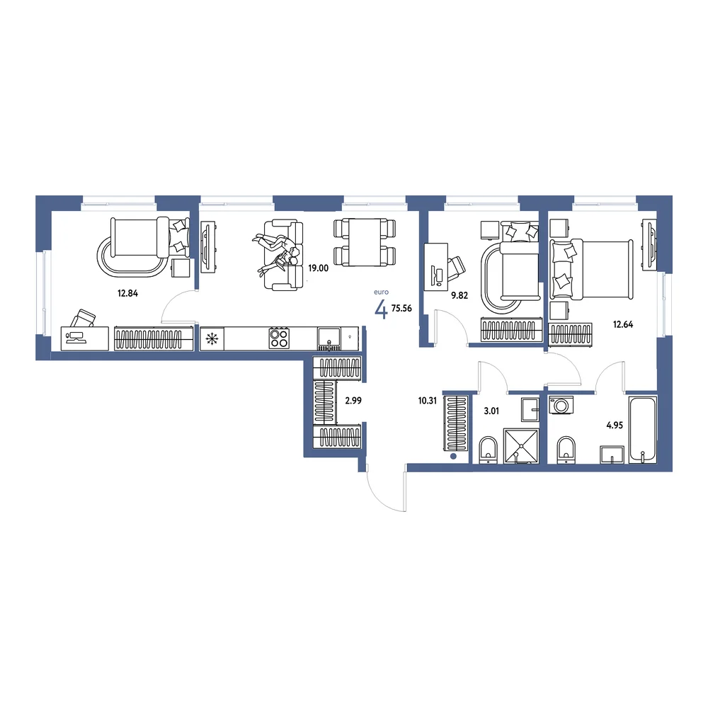 Планировка: Европейский берег 2.0 4-комнатная 75,56м²