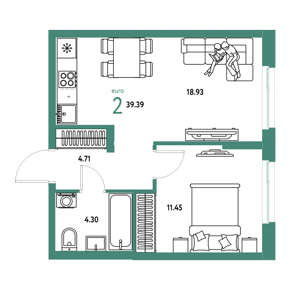 Планировка: Европейский берег 2.0 2-комнатная 39,39м²