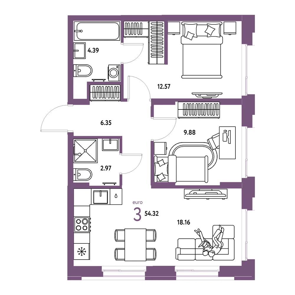 Планировка: Европейский берег 2.0 3-комнатная 54,32м²