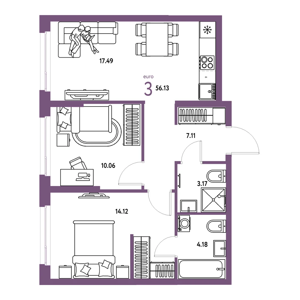 Планировка: Европейский берег 2.0 3-комнатная 56,13м²