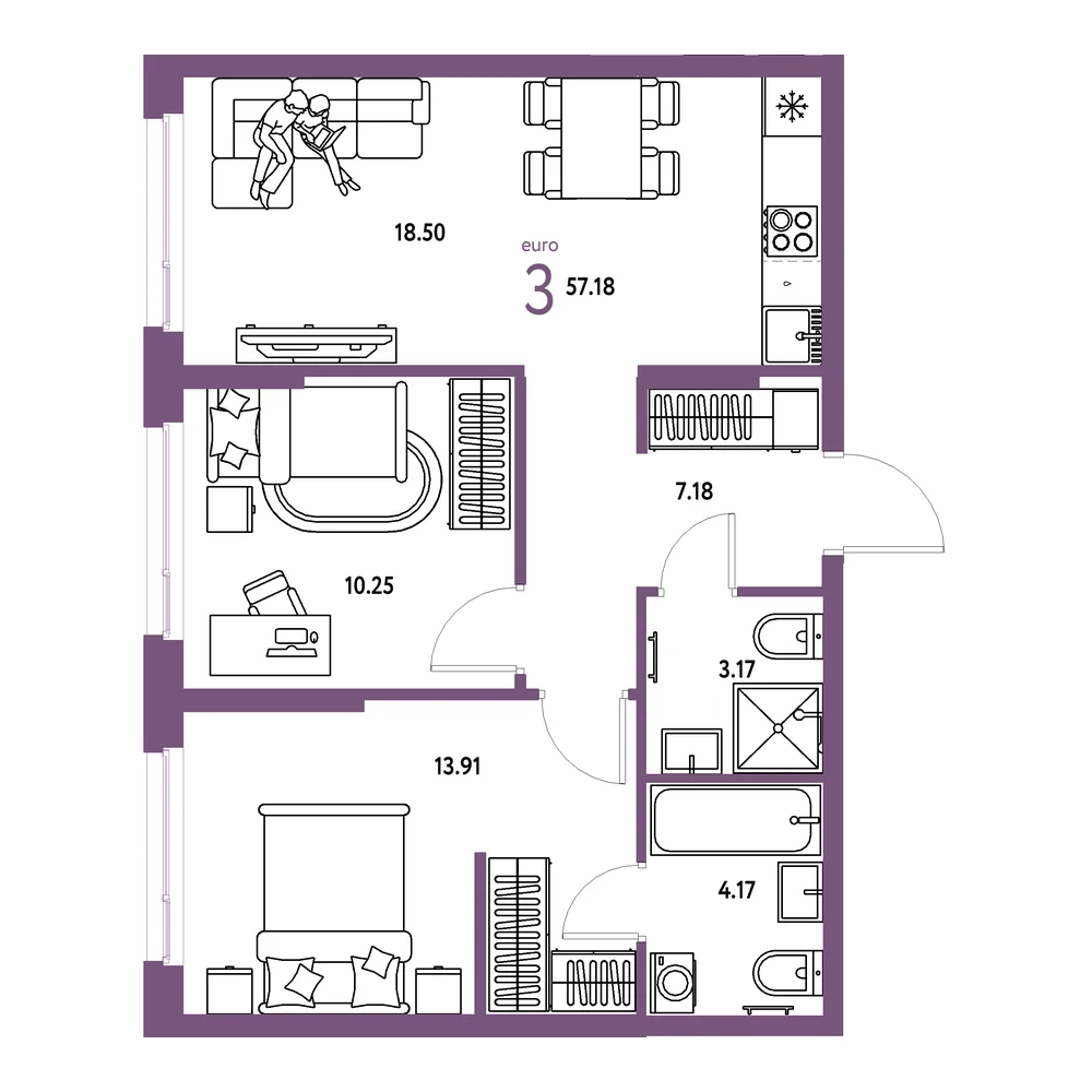 Планировка: Европейский берег 2.0 3-комнатная 57,18м²