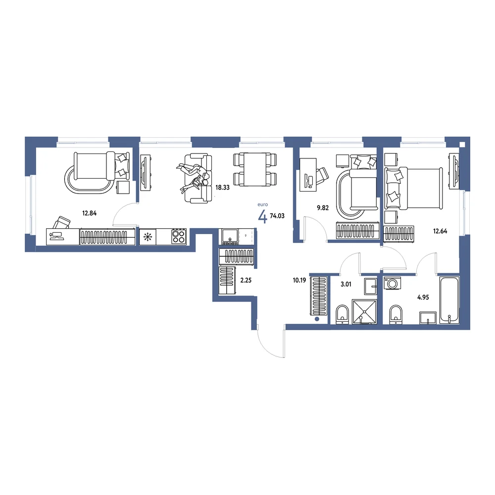 Планировка: Европейский берег 2.0 4-комнатная 74,03м²