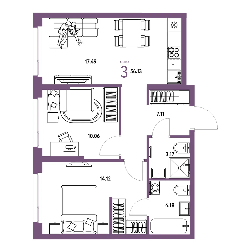 Планировка: Европейский берег 2.0 3-комнатная 56,13м²