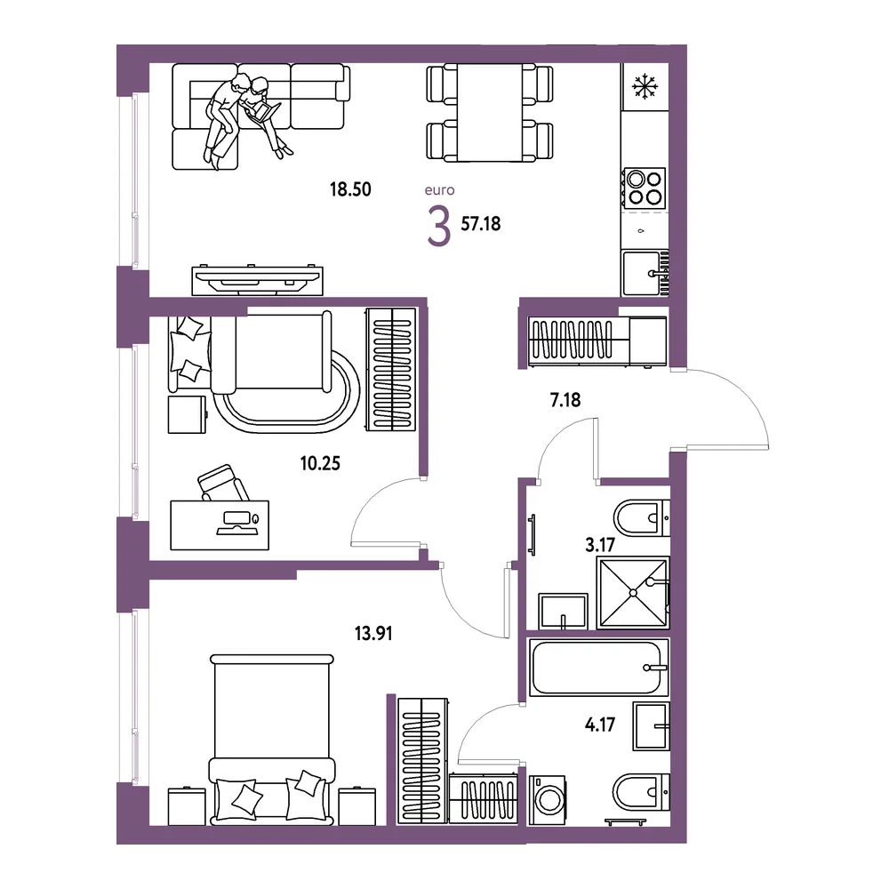 Планировка: Европейский берег 2.0 3-комнатная 57,18м²