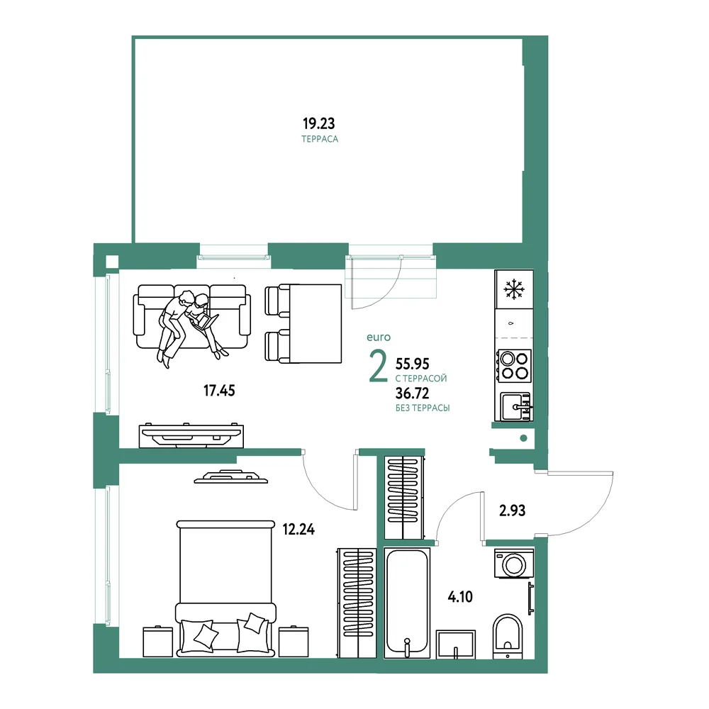 Планировка: Европейский берег 2.0 2-комнатная 55,95м²