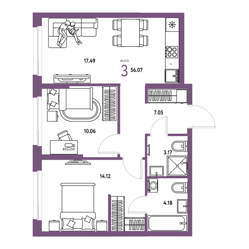 Планировка: Европейский берег 2.0 3-комнатная 56,07м²