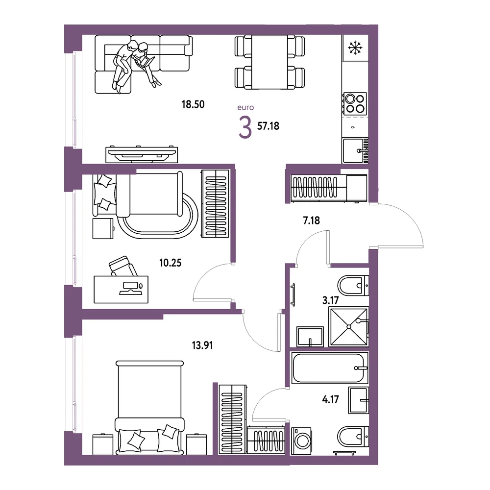 Планировка: Европейский берег 2.0 3-комнатная 57,18м²