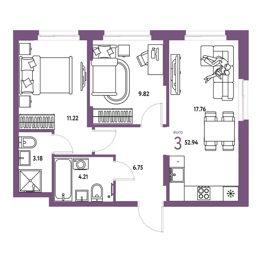 Планировка: Европейский берег 2.0 3-комнатная 52,94м²