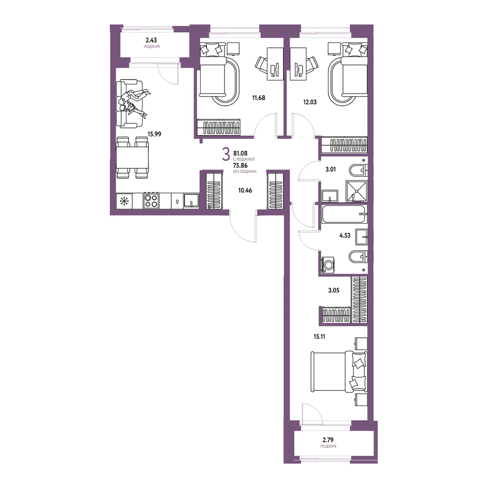 Планировка: Европейский берег 2.0 3-комнатная 81,08м²