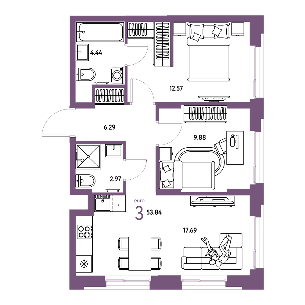 Планировка: Европейский берег 2.0 3-комнатная 53,84м²