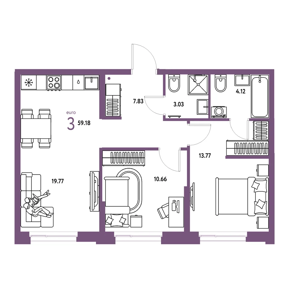 Планировка: Европейский берег 2.0 3-комнатная 59,18м²