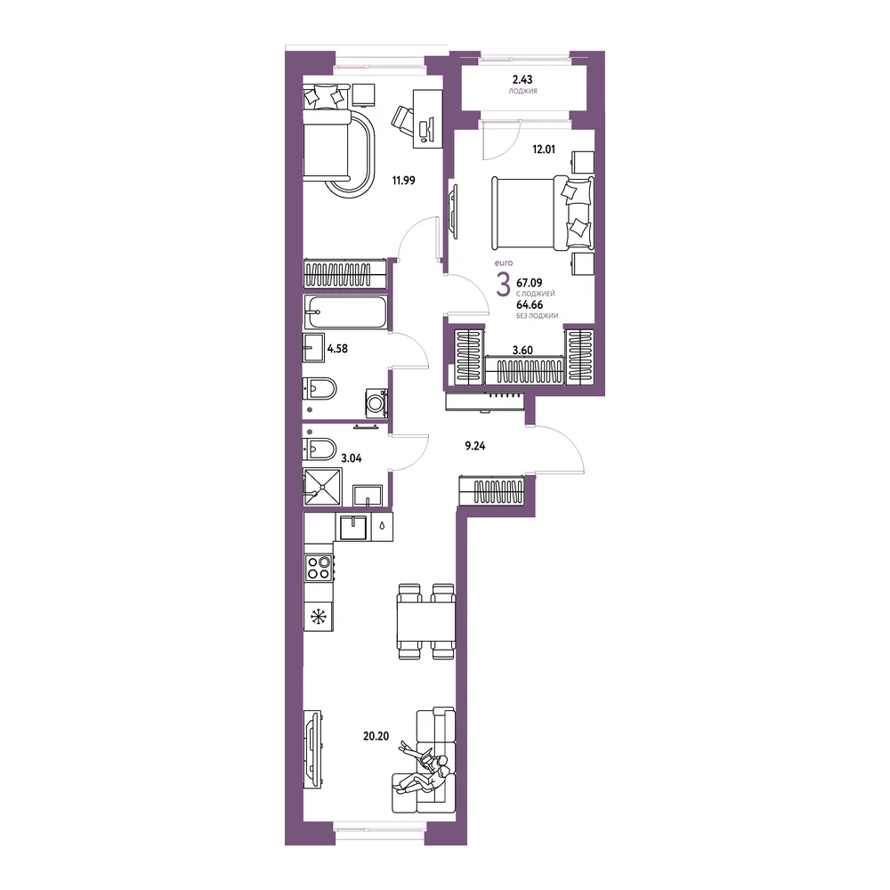Планировка: Европейский берег 2.0 3-комнатная 67,09м²