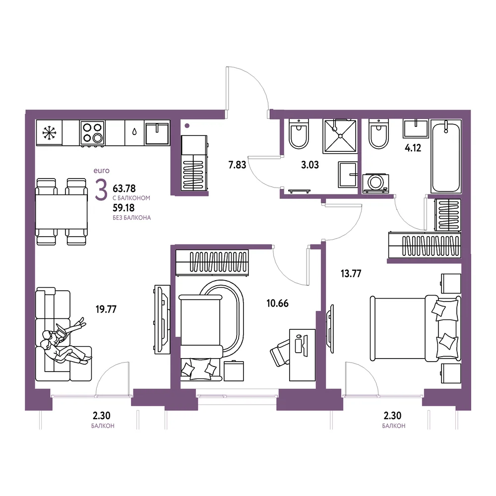 Планировка: Европейский берег 2.0 3-комнатная 63,78м²