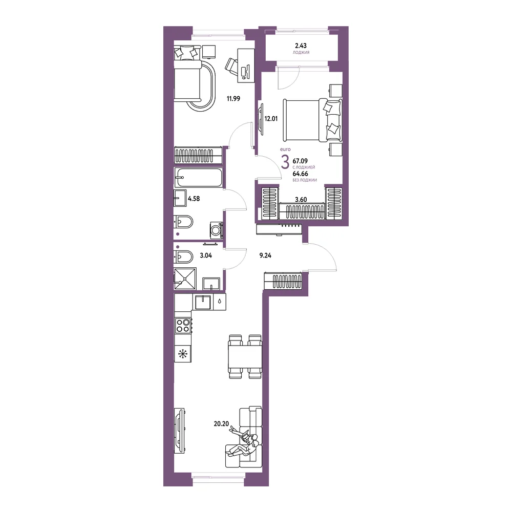 Планировка: Европейский берег 2.0 3-комнатная 67,09м²