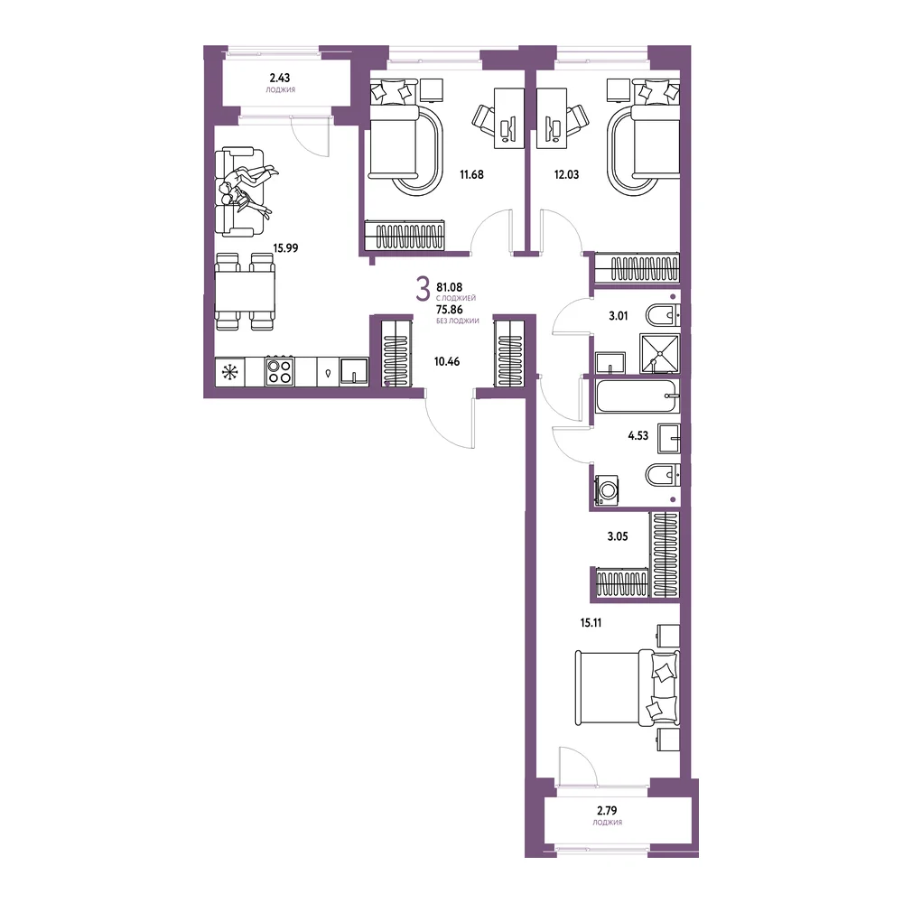 Планировка: Европейский берег 2.0 3-комнатная 81,08м²
