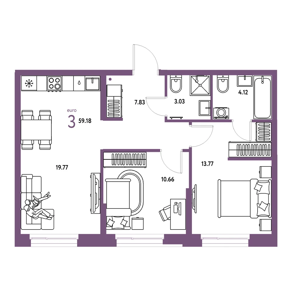 Планировка: Европейский берег 2.0 3-комнатная 59,18м²