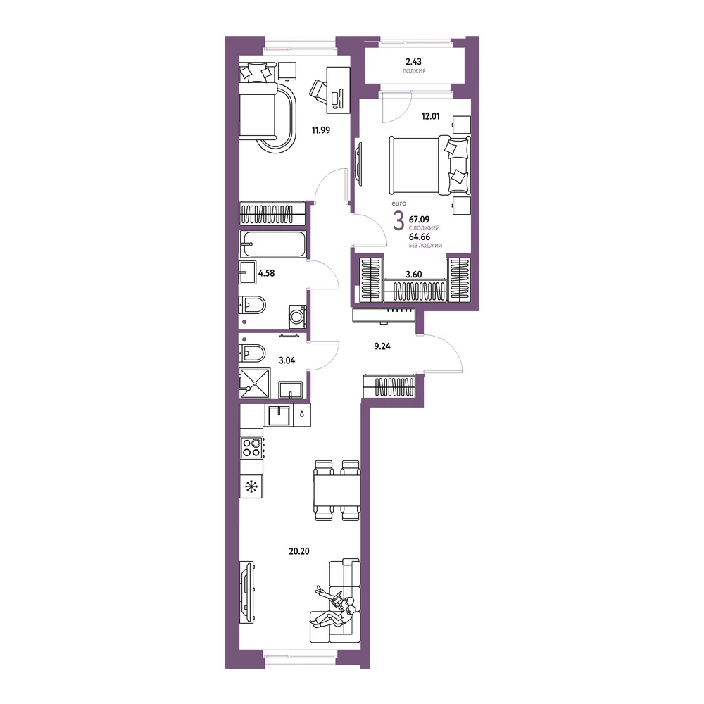 Планировка: Европейский берег 2.0 3-комнатная 67,09м²