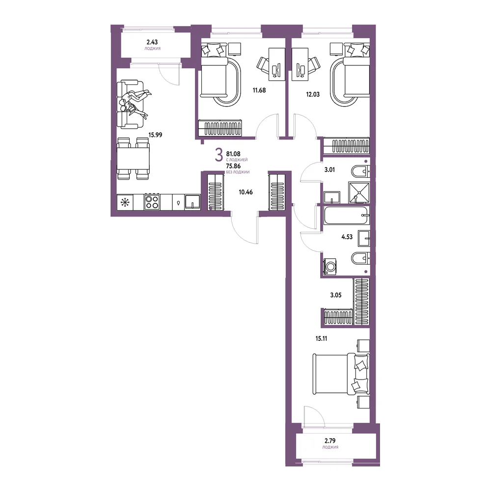 Планировка: Европейский берег 2.0 3-комнатная 81,08м²