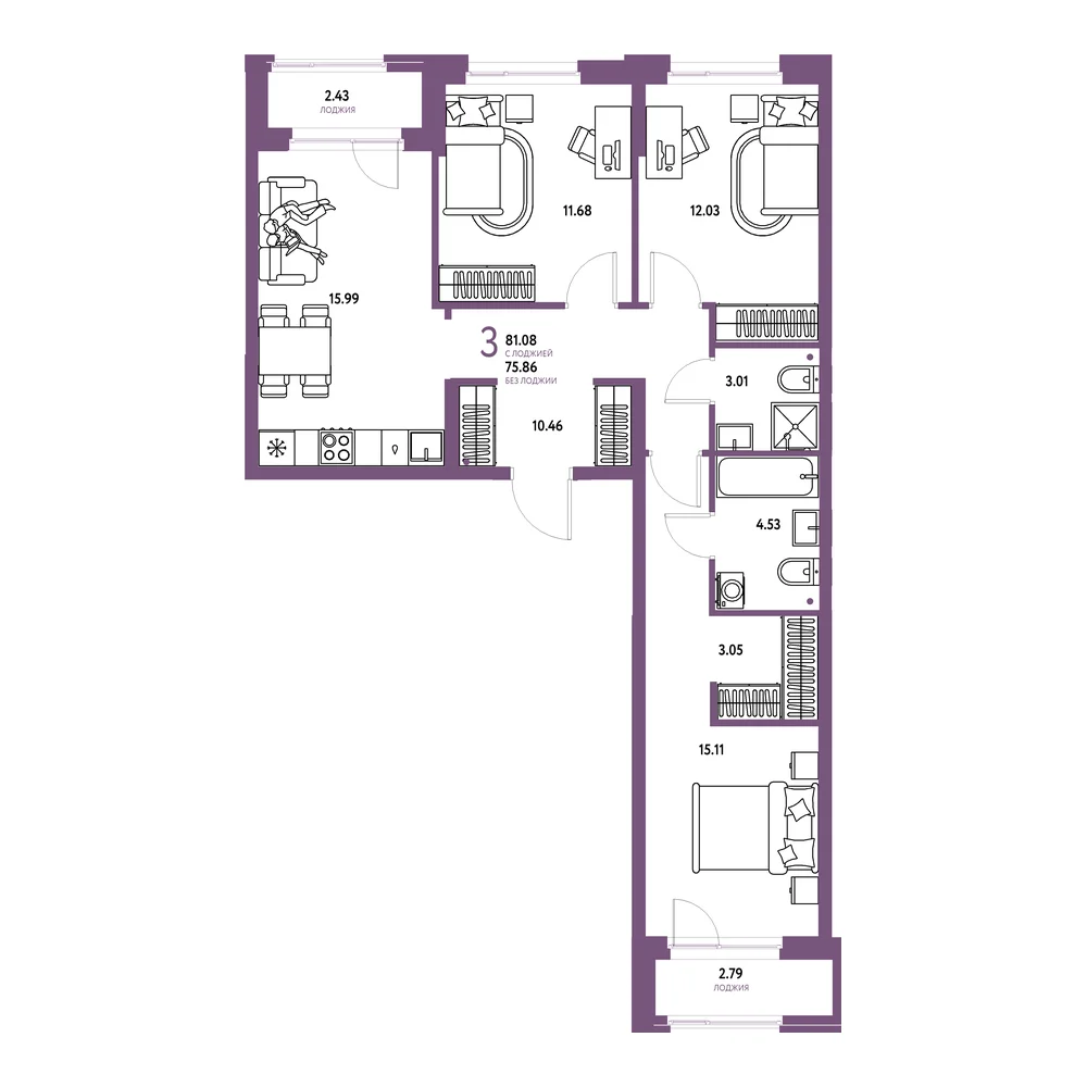 Планировка: Европейский берег 2.0 3-комнатная 81,08м²