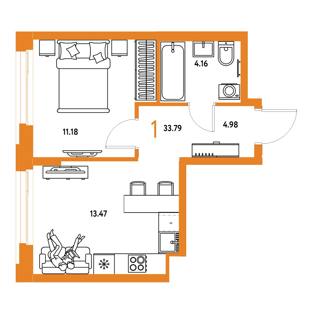 Планировка: Европейский берег 2.0 1-комнатная 33,79м²