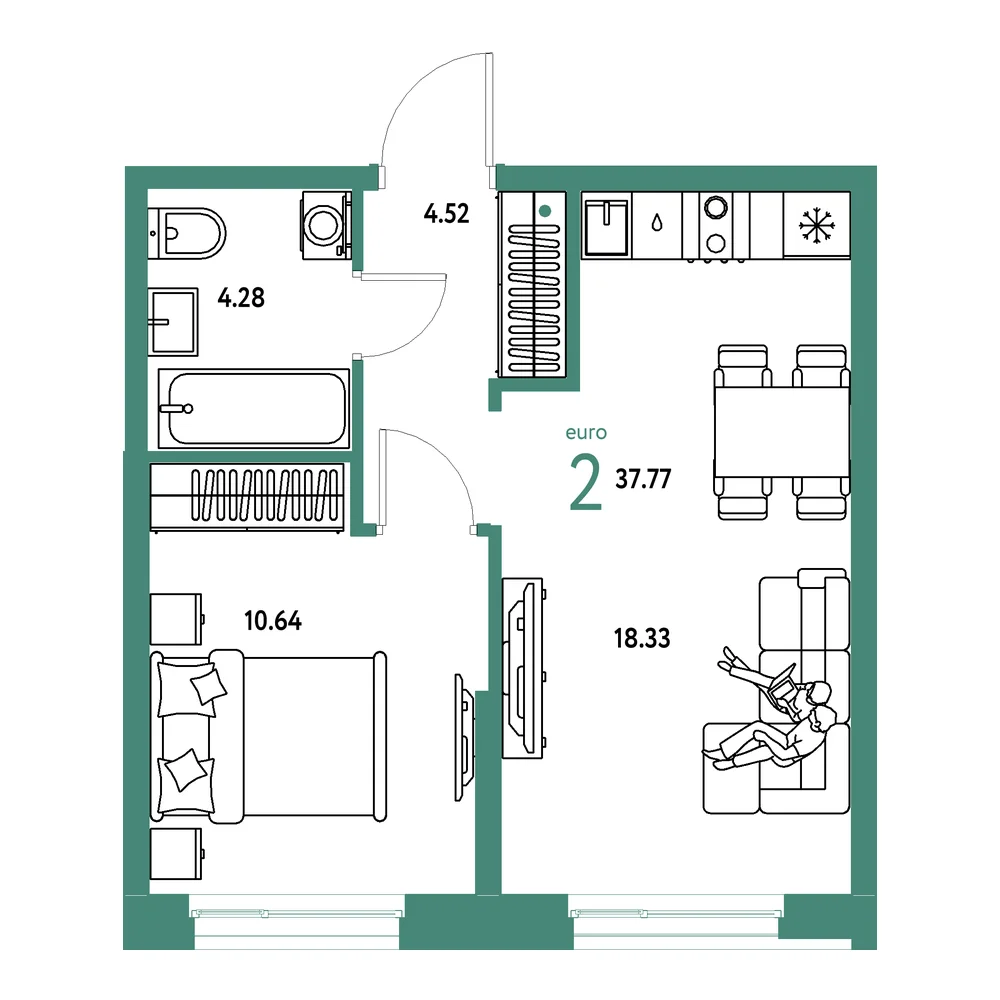 Планировка: Европейский берег 2.0 2-комнатная 37,77м²