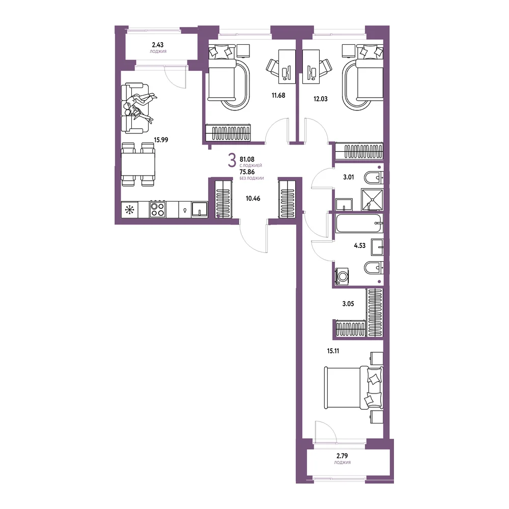 Планировка: Европейский берег 2.0 3-комнатная 81,08м²