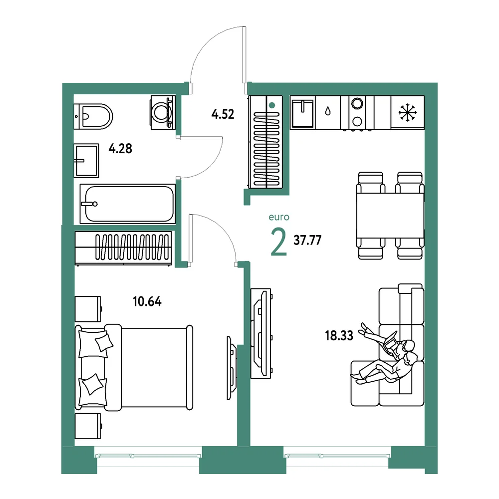 Планировка: Европейский берег 2.0 2-комнатная 37,77м²