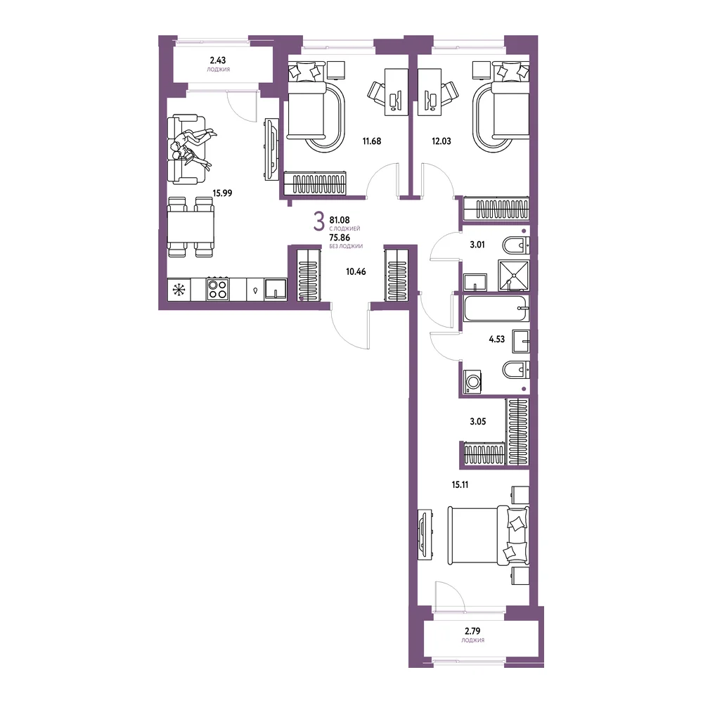 Планировка: Европейский берег 2.0 3-комнатная 81,08м²