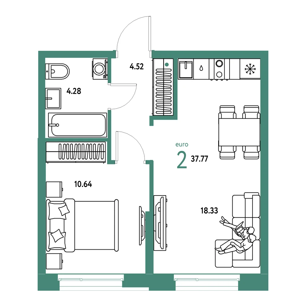 Планировка: Европейский берег 2.0 2-комнатная 37,77м²