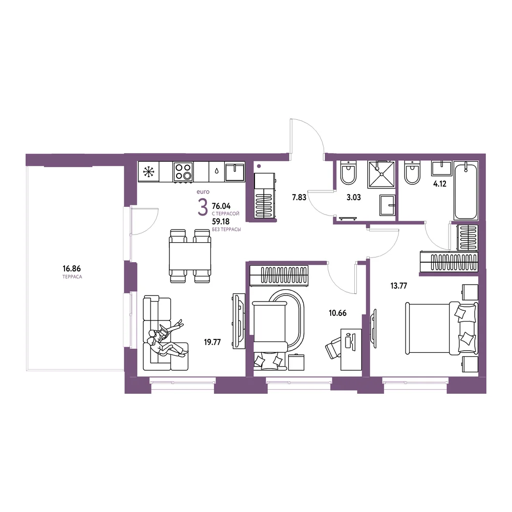 Планировка: Европейский берег 2.0 3-комнатная 76,04м²