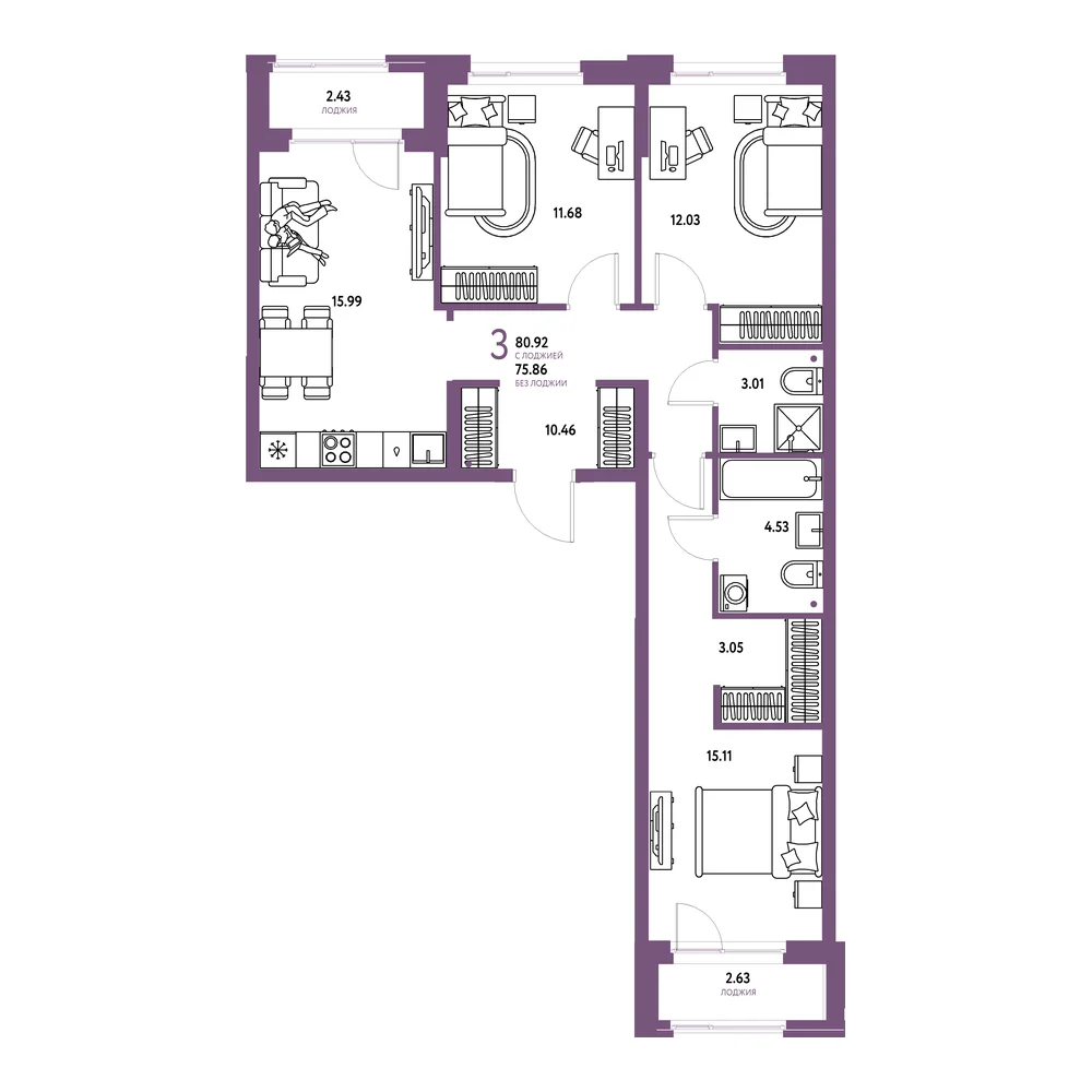 Планировка: Европейский берег 2.0 3-комнатная 80,92м²