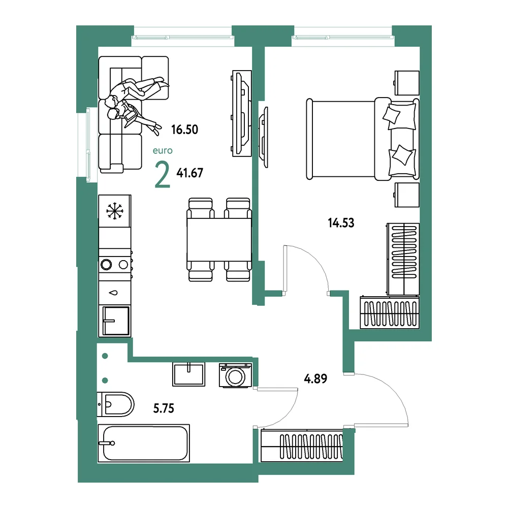 Планировка: Европейский берег 2.0 2-комнатная 41,67м²