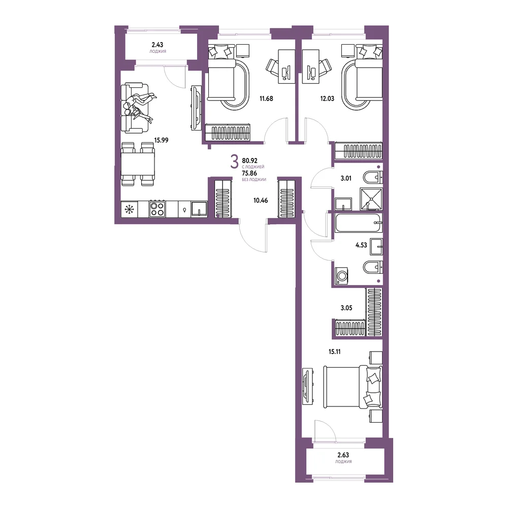 Планировка: Европейский берег 2.0 3-комнатная 80,92м²