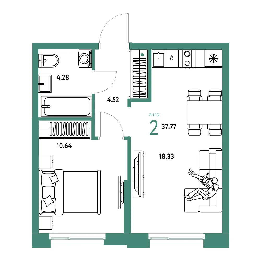Планировка: Европейский берег 2.0 2-комнатная 37,77м²