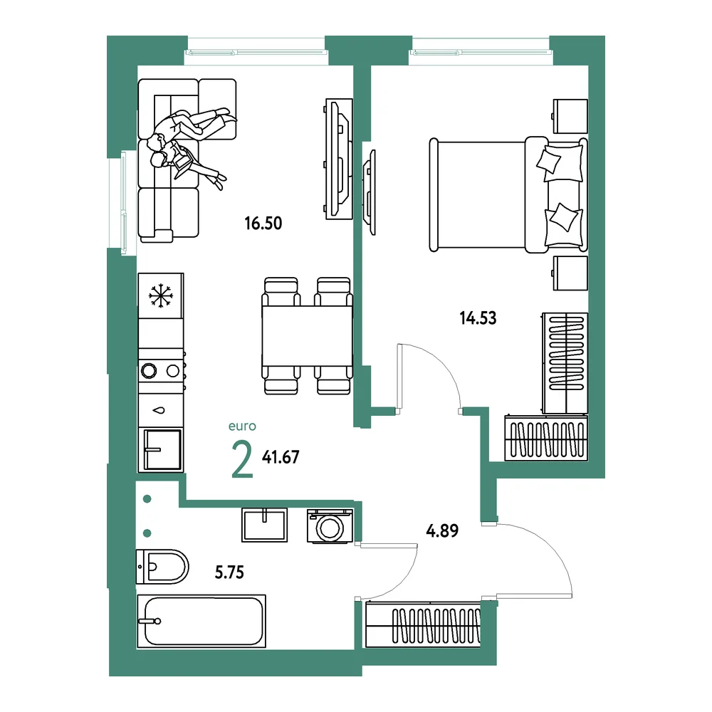 Планировка: Европейский берег 2.0 2-комнатная 41,67м²